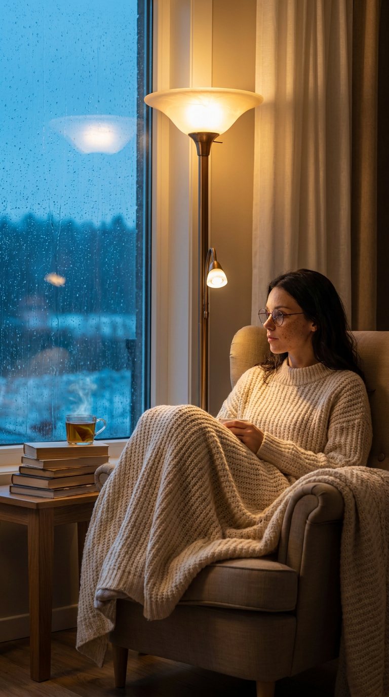 Та же AI-модель в образе книжной девушки у окна