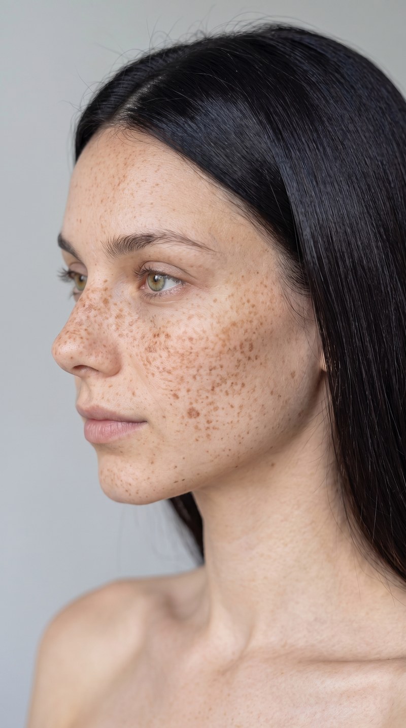 Same model, three-quarter view with her signature freckle